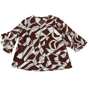 Alfani Brown, Black and White Geometric Print Pull‎ On Blouse